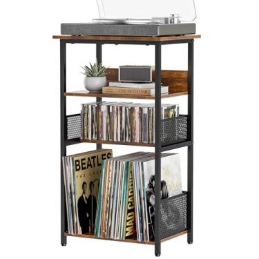 Imagem de Huxitocan Suporte para toca-discos com armazenamento de até 100 álbuns e 40 CDs, armazenamento de discos de vinil de 4 níveis para sala de estar, suporte para toca-discos com suporte de disco e