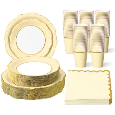 Imagem de Tioncy 200 peças de pratos de papel descartáveis, copos e guardanapos, suprimentos de festa, serve para 50 convidados, conjunto de louça de papel recortado descartável para aniversário, casamento, chá