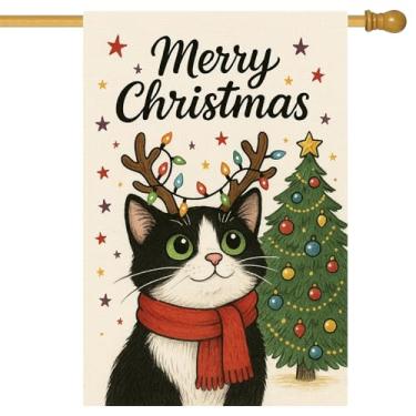 Imagem de BlissYard Merry Christmas, bandeira de casa, rena, gato, jardim, 71 x 101 cm, faixa decorativa dupla face para quintal ao ar livre, inverno, bem-vindo, Natal, decoração de jardim