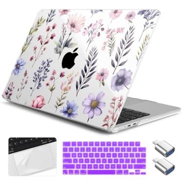 Imagem de Yebiseven Capa para MacBook Air 13,6 polegadas M4/M3/M2 2025 2024 2023 2022 lançado A3240/A3113/A2681, capa rígida para laptop com capa de teclado e protetor de trackpad e 2 adaptadores OTG, flores de
