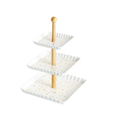 Imagem de Alça de madeira ondulada de cerâmica Xingyue fruteira criativa nórdica - branco três camadas