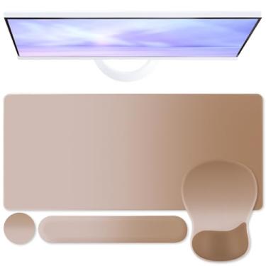 Imagem de Boutilon Conjunto de mouse pad, mesa de escrita com descanso de pulso, suporte ergonômico para o pulso, descanso de pulso para teclado, porta-copos para jogos, trabalho, casa, escritório (marrom claro