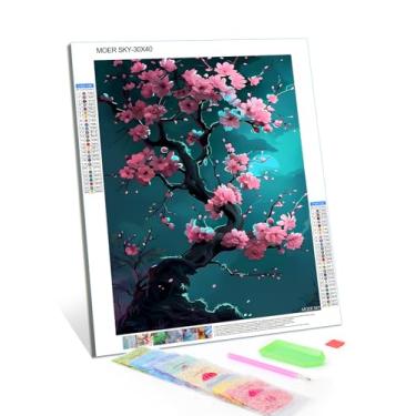Imagem de DIY Pintura de diamante de cerejeira à noite, pintura de flor de cerejeira por números, kits de arte de diamante redondo completo para decoração de quarto, decoração de sala de estar, 30,5 x 40,6 cm