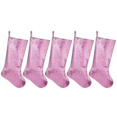 Imagem de Pxniy 5 peças de meias de Natal personalizadas com glitter, 50 cm de lantejoulas para decoração de férias, artigos de festa festiva (lantejoulas rosa)