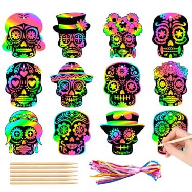 Imagem de YVAINE 24 PCS Dia De Los Muertos Halloween Scratch Cards, Day of The Dead Magic Sugar Skull Tombstones Scratch Paper Art Kit DIY Sugar Skull Scratch Cards for School Classroom Activity Art Project