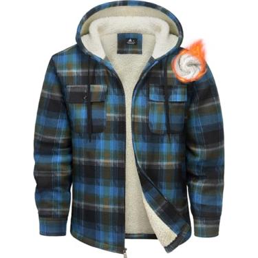 Imagem de Ceoutdoor Casaco de flanela masculino com capuz forrado de lã camisa de flanela xadrez com zíper sherpa moletom com capuz quente casaco de inverno, 001 Azul, laranja, XXG