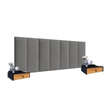 Imagem de Kit 2 Mesas De Cabeceira Suspensa MDF E Cabeceira 1,40 Cinza Suede Adesiva (Preto/Nature - Cinza)