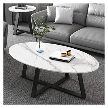 Imagem de Mesa de centro de design simples, mesa de centro oval de design simples para sala de estar, espaços pequenos, mesa lateral com mesa de baloiço e moldura de metal, mesa lateral minimalista de 99 cm