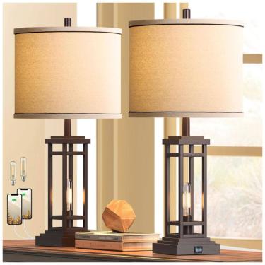 Imagem de Kit 2 Luminárias de Mesa Vintage em Metal e Abajur de Tecido, ROTTOGOON, Dourado