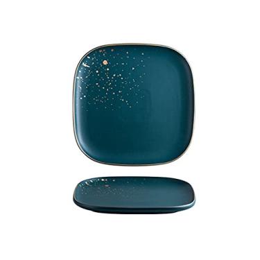 Imagem de Prato de serviço pratos de jantar de porcelana elegante borda dourada fosca pratos de servir quadrados para bife sobremesa macarrão e aperitivo pratos de jantar pratos verdes (cor: verde escuro