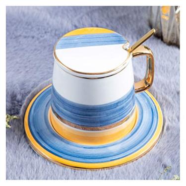 Imagem de Caneca de luxo pequena estilo europeu copo de café sob o vidrado pintado à mão copo de cerâmica de colocação de duas cores com tampa e colher, a primeira escolha para famílias caneca de café (cor