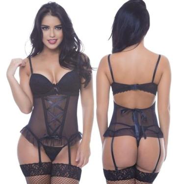 Imagem de Espartilho Completo Preto Em Tule e Renda Com Bojo Aberto Lingerie Sex