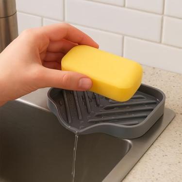 Imagem de 2 peças saboneteira de silicone para pia de banheiro, suporte de bandeja de sabão para pia de cozinha com bico de drenagem, suporte de esponja e organizador para garrafas dispensadoras, organizadores