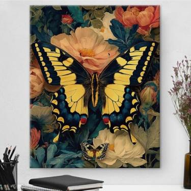 Imagem de Arte de parede em tela de borboleta floral vintage borboleta escura Academia impressão Art Nouveau pintura para casa fazenda escritório decoração de parede 20 x 25 cm