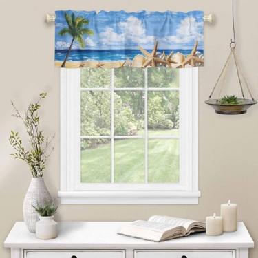 Imagem de Cortina de decoração de palmeira estrela do mar cortina de cozinha para janela praia areia céu azul haste bolso sanefa cozinha tratamento de janela para quarto sala de estar 137 x 45 cm