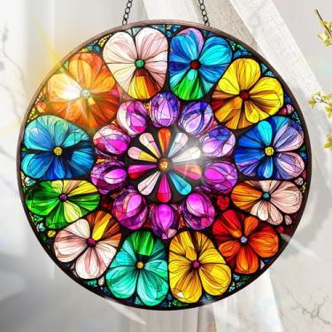 Imagem de Suncatcher acrílico colorido, decoração de janela suspensa de flores com design de vitral impresso, apanhador de sol, arte de parede de arco-íris, ideia de presente e ornamento de jardim, uso interno