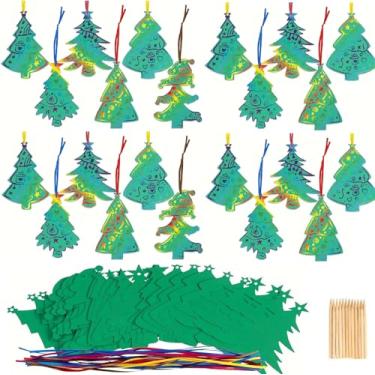 Imagem de 24 peças de adesivos de árvore de Natal de arranhões de cores mágicas - ornamentos de arte de arranhão arco-íris para artesanato de Natal, atividades em sala de aula e lembrancinhas de festa de