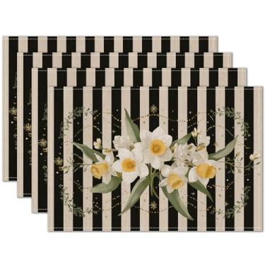Imagem de HOMETITUTE Jogo americano floral conjunto de 4 tapetes de mesa laváveis de linho, 30,5 x 45,7 cm, listras pretas e brancas com flores de narciso, jogo americano decorativo, conjunto de 4 jogos