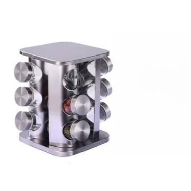 Imagem de Porta Tempero Condimento Inox Quadrado 12 Potes Suporte Giratório