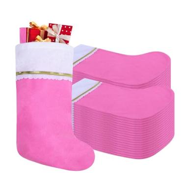 Imagem de Tokforty Pacote com 36 meias de Natal de feltro, enfeites de Natal rosa e branco de 48 cm, punho branco com acabamento dourado, meias de Natal para decorações de Natal em família