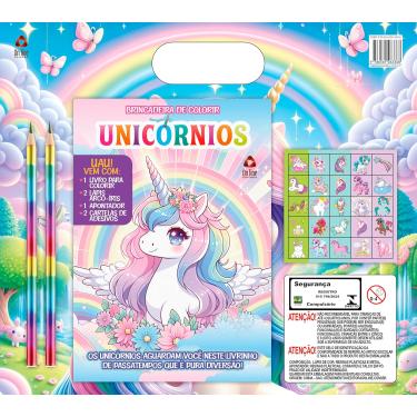 Imagem de Livro para Colorir Unicórnios Infantil – Kit com Lápis Arco-íris, Adesivos e Apontador
