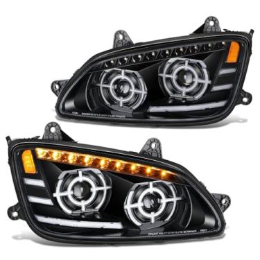 Imagem de DNA MOTORING Faróis pretos para projetor de seta âmbar com LED duplo DRL compatível com Kenworth T660 2008-2017, P541059100R, P541059100, HL-HAY-068-BK