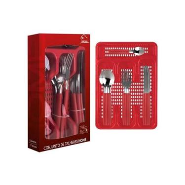 Imagem de Jogo De Faqueiro Vermelho Faca Garfo Colher Porta Talher - Unicasa