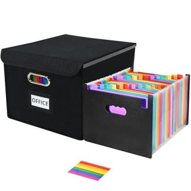 Imagem de Fuonsyn Caixa organizadora de arquivos com pasta, organizador de arquivos sanfonado, 25 bolsos, organizador de pastas de arquivos com tampa para casa, escritório, escola, preto