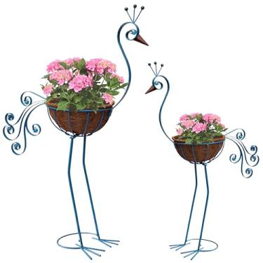 Imagem de COOZZYHOUR Vaso de pavão de metal com cesta de fibra - Plantadores de pássaros de jardim para decoração de gramado, quintal, varanda, pátio, jardim (conjunto de 2)