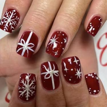 Imagem de RIICFDD Unhas postiças curtas de Natal, unhas postiças, quadradas, floco de neve, cola, laço nas unhas, cobertura completa, vinho, glitter, acrílico, 24 peças
