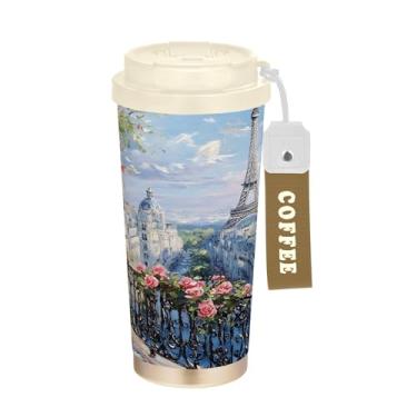 Imagem de SEHANY Caneca de viagem Torre de Paris em aquarela de 500 ml Copos de café reutilizáveis revestidos de cerâmica com tampa à prova de vazamento, parede dupla, isolamento a vácuo, copo de café de aço