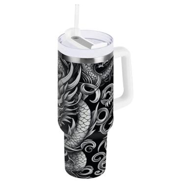 Imagem de xigua Copo vintage com estampa de dragão de 850 g com tampa e canudo, aço inoxidável de vácuo duplo isolado garrafa de água esportiva suporte para copo de café de viagem à prova de vazamento para