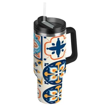 Imagem de Blueangle Copo de cerâmica mexicano de 1,134 g com alça e tampa de palha, caneca de viagem de aço inoxidável isolada a vácuo de parede dupla, garrafa de água reutilizável para academia de escritório