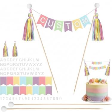 Imagem de Breling Conjunto de 90 peças de topo de banner de bolo personalizado, banner de bandeira feito à mão, número do alfabeto de votação de madeira, para aniversário, casamento, decoração de bolo