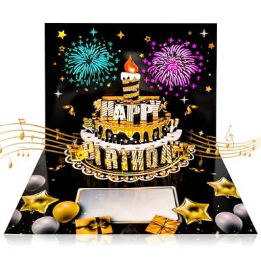Imagem de Cartão de aniversário musical pop up com luz LED e vela sopradora – Bolo 3D, balões e fogos de artifício, cartão de feliz aniversário para homens, mulheres, crianças, marido, esposa, amigos (preto