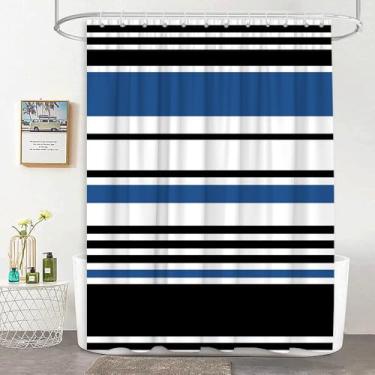 Imagem de JEJOMEAG Cortina de chuveiro listrada preta e azul moderna abstrata minimalista tecido listrado horizontal cortina decoração de banheiro com ganchos, 70x70A