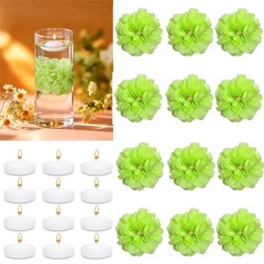 Imagem de UDU 24 velas flutuantes para centros de mesa e flores flutuantes para centros de mesa, cabeça de flor artificial para casa, aniversário, festa de casamento, decoração de mesa, verde