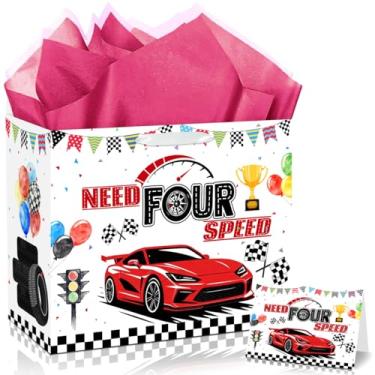 Imagem de JORHANCE Necessita de saco de presente de quatro velocidades com papel de embrulho e cartão - Saco de presente de carro de corrida para decorações de aniversário de 4 velocidades, saco de papel de