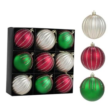 Imagem de Fenteer Conjunto de 9 bolas de Natal com glitter para pendurar na árvore, decoração de Natal para ambientes internos e externos, 8 cm, para clubes, casas, Prata Vermelho Verde