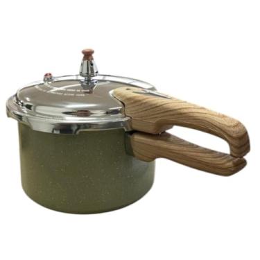 Imagem de Panela de Pressão e Indução 4,2L, Alumínio com Revestimento Cerâmico Antiaderente, Cinza com Alças Estilo Madeira, Compatível com Gás, Elétrico e Indução