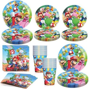 Imagem de Conjunto de 80 peças de utensílios de mesa Brother, suprimentos para festa de aniversário, conjunto de pratos e guardanapos de papel Mario, inclui 40 pratos, 20 guardanapos e 20 copos de papel para