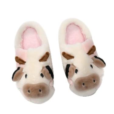Imagem de Chinelos de vaca felpudos para crianças fofas de vaca fofa, chinelos de casa, crianças, meninas, meninos, desenhos animados, sapatos de casa para uso interno e externo, Branco, rosa, 12-13 Little Kid
