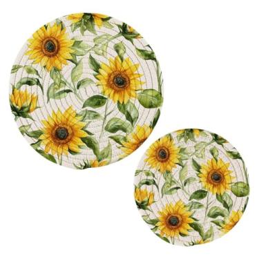 Imagem de Wassud Conjunto de tripé de girassóis em aquarela para pratos quentes, suportes de panela redondos de algodão, porta-copos elegantes, decoração de cozinha e acessórios, 2 peças
