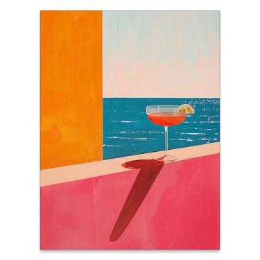 Imagem de FoxUncle Arte de parede de verão oceano e martini tropical moderno aquarela pôster abstrato minimalista impressão em tela estética contemporânea decoração de parede para bar apartamento cozinha 30,5 x