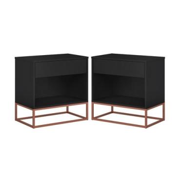 Imagem de Conjunto 2 Mesas de Cabeceira Malta Preto Com Base de Ferro Cobre - LC