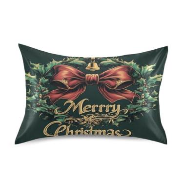 Imagem de SEHANY Fronha de seda verde com sinos de Natal para cabelo e pele, capa de almofada respirável super macia e macia com envelope para casa, quarto, hotel, padrão 50 x 102 cm