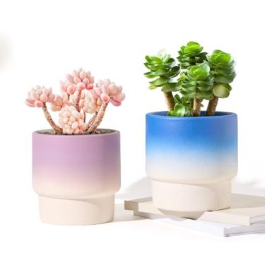 Imagem de STHIE Vasos pequenos para suculentas com drenagem, vasos de cerâmica exclusivos de 10 cm para plantas de interior, 2 vasos de flores redondos fofos