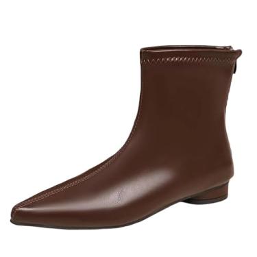 Imagem de Botas femininas modernas, casuais, versáteis, lisas, bico fino, estilo britânico, salto baixo, poliuretano, Marrom, 36