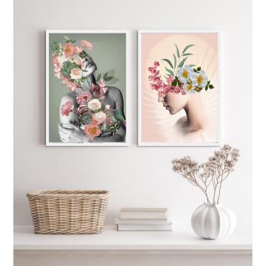 Imagem de Kit 2 Quadros Sala Cinza E Rosa Mulheres Flores 24X18Cm