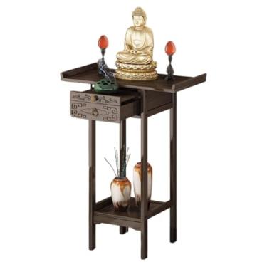 Imagem de Mesa de altar de Buda de bambu com gaveta, pequeno armário de santuário de meditação para oração e incenso, suporte de nicho chinês Puja (60 x 35 x 100 cm)